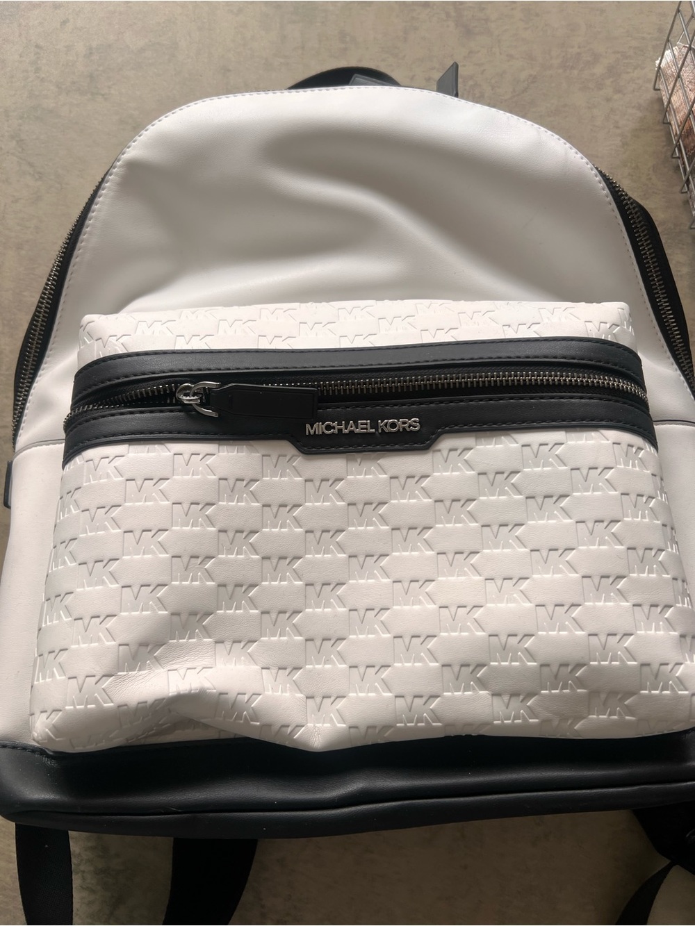 Michael Kors White and Black Embossed MK Logo Backpack